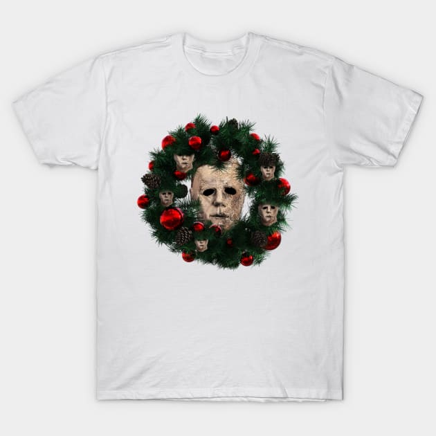 Michael Myers Halloween Multiface Christmas Wreath T-Shirt by Angel arts